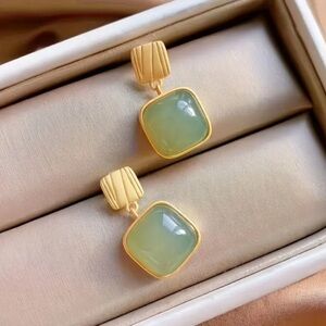 Geometrical Gold 18k Plated Square Citrine Drop Earrings Elegant Old Money Style